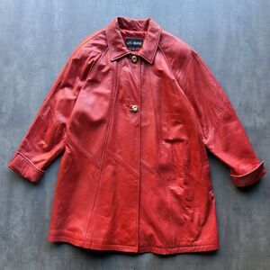 Vintage Luis Alvear Red Leather Trench Coat Women M Gold Button 90s